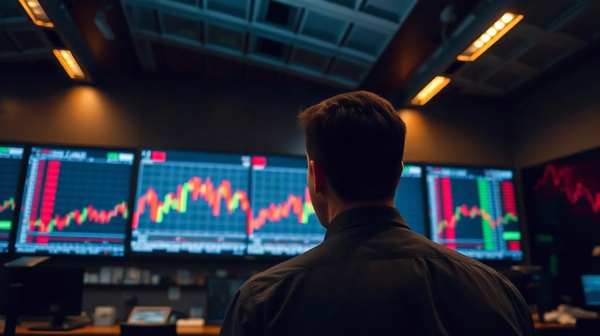 Trader watching a market board of red and green candles on a dim trading floor