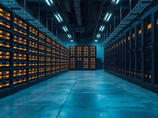 Rows of ASIC bitcoin mining rigs with glowing lights inside an industrial mining facility