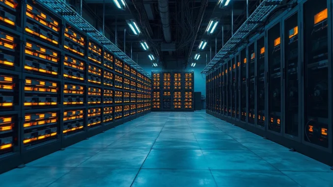 Rows of ASIC bitcoin mining rigs with glowing lights inside an industrial mining facility