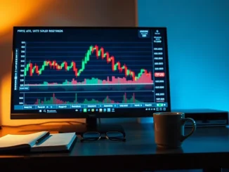 Trading desk at night with a cryptocurrency price chart flattening under a resistance line