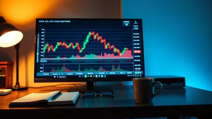 Trading desk at night with a cryptocurrency price chart flattening under a resistance line