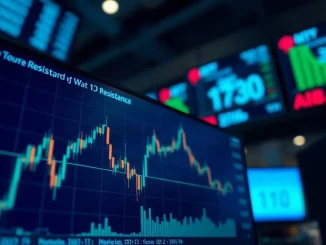 Bitcoin price chart on a trading terminal with US data headlines in the background