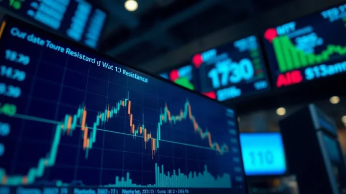 Bitcoin price chart on a trading terminal with US data headlines in the background