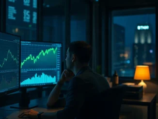 Trading desk with monitors showing a Bitcoin price chart near $82,000 during a calm session