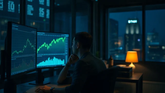 Trading desk with monitors showing a Bitcoin price chart near $82,000 during a calm session