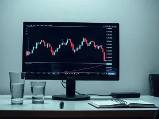 Monitor showing a falling crypto price chart on a trading desk in dim light