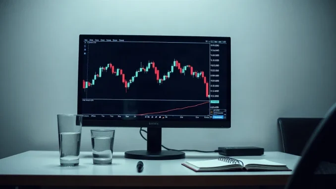 Monitor showing a falling crypto price chart on a trading desk in dim light
