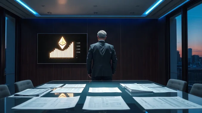 Executive reviewing Ethereum treasury data on a screen in a dim office