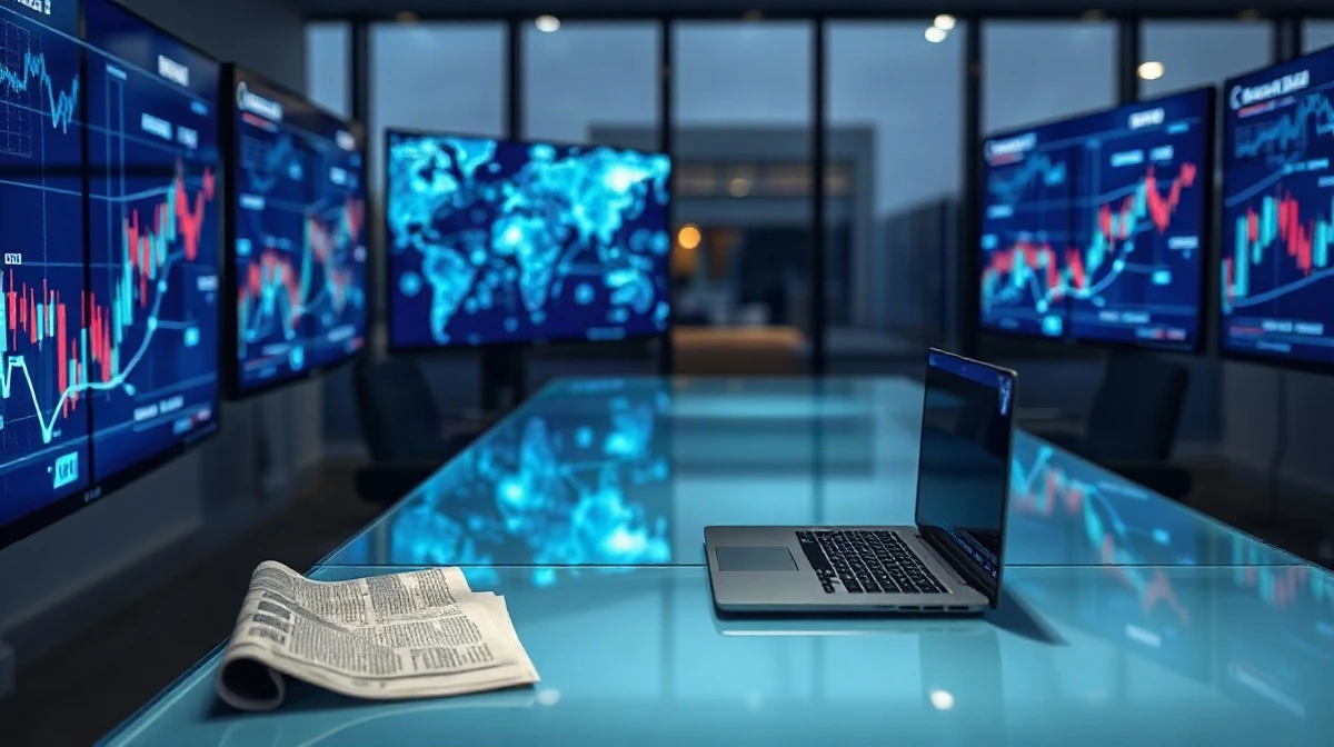 Corporate treasury desk with monitors showing network and market charts, illustrating Bitmine's ether holdings
