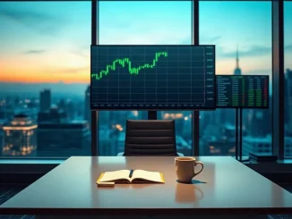 Institutional trading desk with monitors showing crypto chart data at dusk