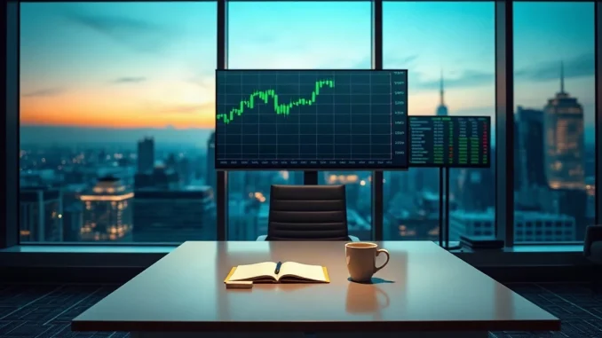 Institutional trading desk with monitors showing crypto chart data at dusk