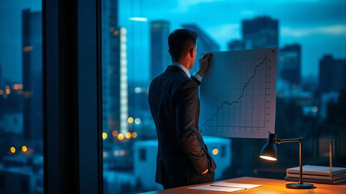 Analyst reviewing a long-term Bitcoin price chart in a modern asset management office at dusk