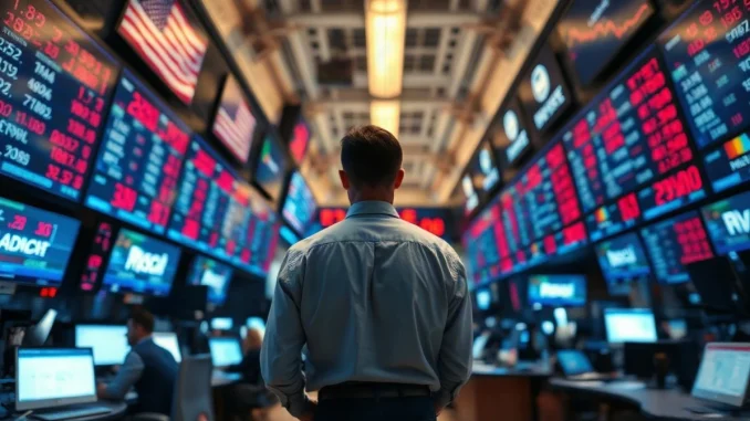 Trader watching falling stock prices on screens on the 39th anniversary of Black Monday