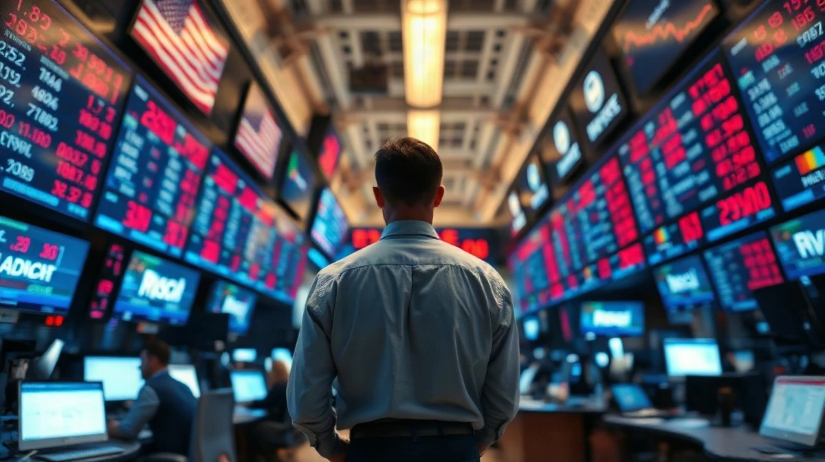 Trader watching falling stock prices on screens on the 39th anniversary of Black Monday
