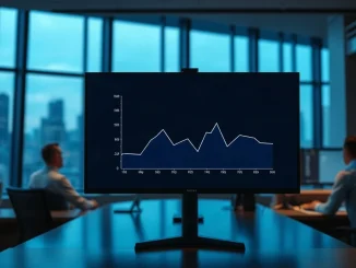 Trading desk monitor showing a flattened upside chart, illustrating BlackRock's capped-return Bitcoin ETF filing.