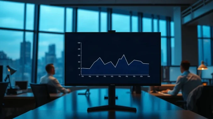 Trading desk monitor showing a flattened upside chart, illustrating BlackRock's capped-return Bitcoin ETF filing.