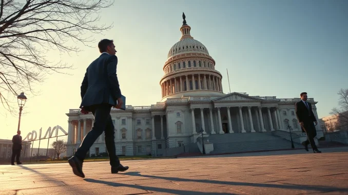 United States Capitol exterior with a staffer walking in the foreground