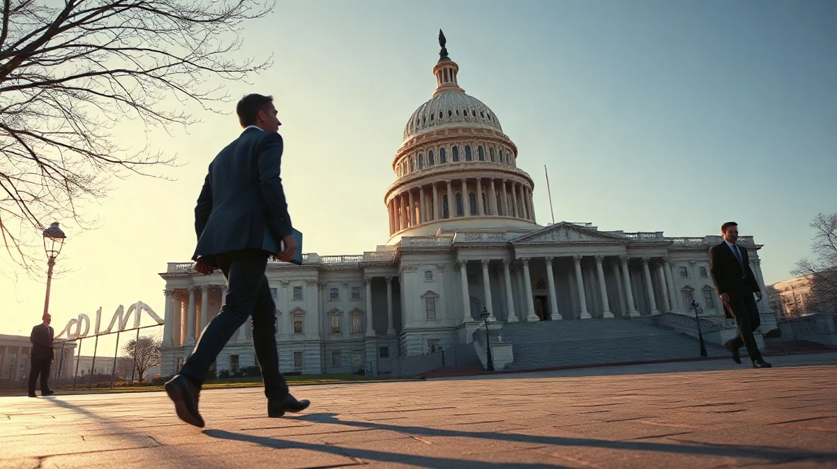 United States Capitol exterior with a staffer walking in the foreground