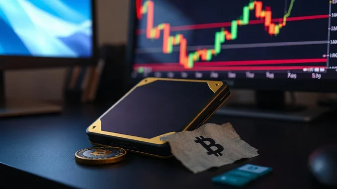 Black and gold crypto wallet and a burnt paper token beside a monitor showing a price chart