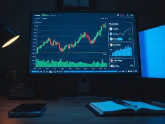A trading monitor showing a crypto price chart resting on a moving average beside rising social activity bars.