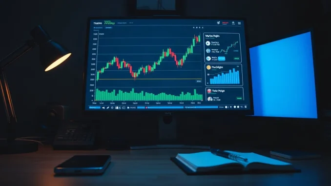 A trading monitor showing a crypto price chart resting on a moving average beside rising social activity bars.