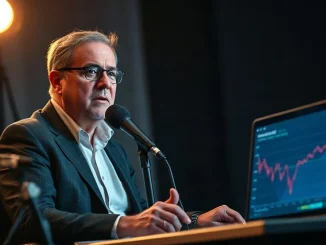 Technology investor speaking into a studio microphone beside a laptop showing a declining price chart