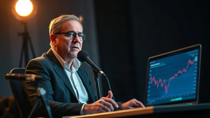Technology investor speaking into a studio microphone beside a laptop showing a declining price chart