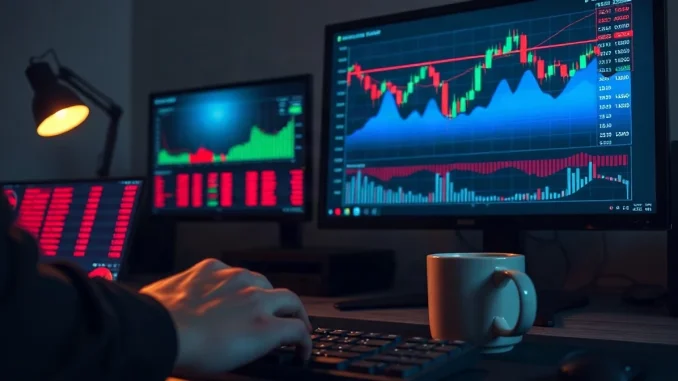 Candlestick chart falling sharply on a trading desk monitor during a crypto selloff