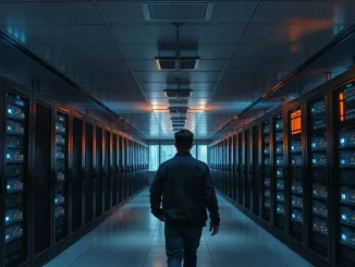 Server aisles inside a government data center, illustrating China's national blockchain infrastructure plan