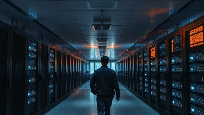 Server aisles inside a government data center, illustrating China's national blockchain infrastructure plan