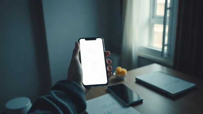 Person in China using a smartphone to send a peer-to-peer stablecoin transfer, with a second phone and notebook on a desk