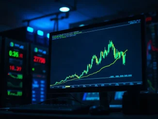Trading monitor showing a rising green candlestick chart in a dimly lit crypto trading room at night
