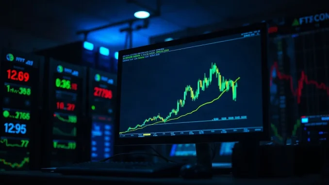 Trading monitor showing a rising green candlestick chart in a dimly lit crypto trading room at night
