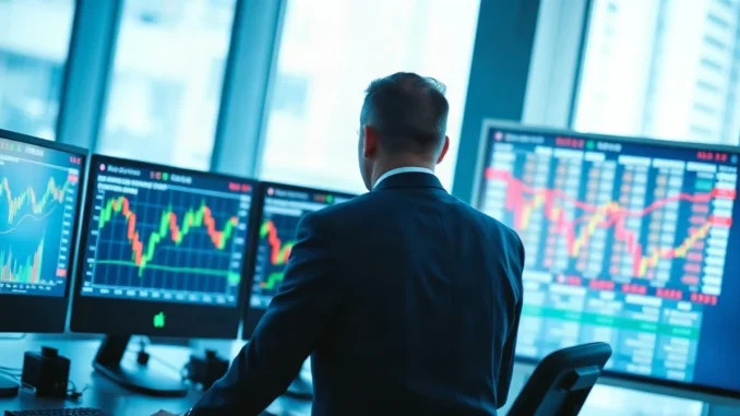 Bank analyst at a multi-monitor trading desk reviewing Bitcoin price charts before market open