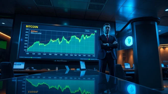 Analyst watching a bank trading screen showing Bitcoin and Ether price charts