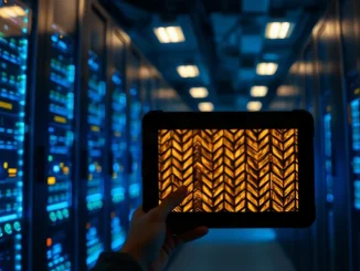 Bitcoin mining and custody server rack lit by indicator lights in a dark data center