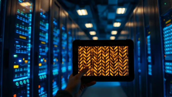 Bitcoin mining and custody server rack lit by indicator lights in a dark data center