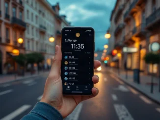 Hand holding a phone showing a crypto app with a token deadline list against a blurred European street at dusk
