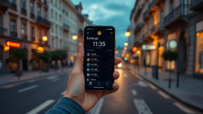 Hand holding a phone showing a crypto app with a token deadline list against a blurred European street at dusk