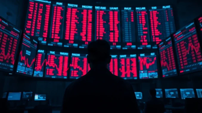 Trader watching falling crypto stock prices on a trading floor monitor wall