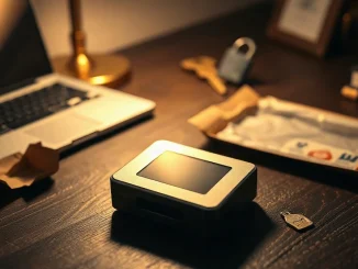 Hardware crypto wallet on a desk beside opened shipping packaging and a torn security seal