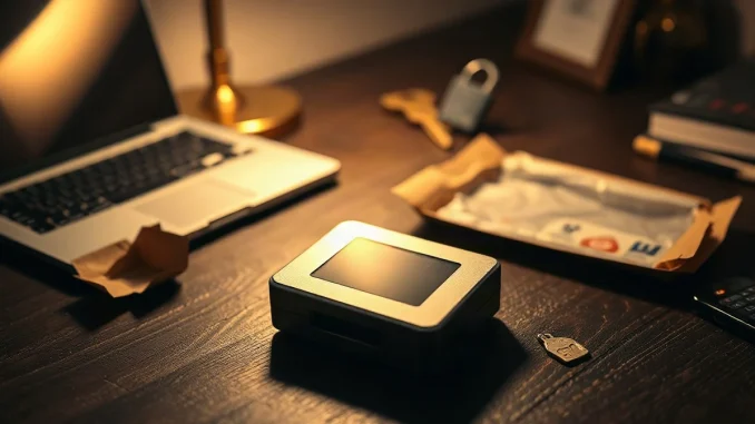 Hardware crypto wallet on a desk beside opened shipping packaging and a torn security seal