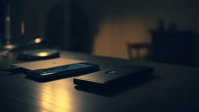Black Bitcoin hardware wallet on a desk next to a glowing smartphone in a dimly lit room