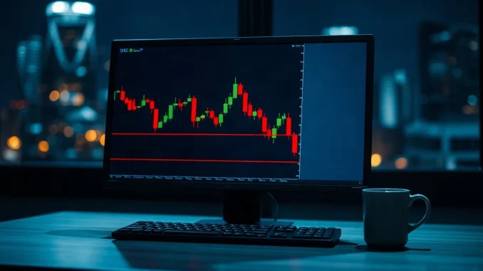 Trading monitor showing a red candlestick chart breaking below a horizontal support line