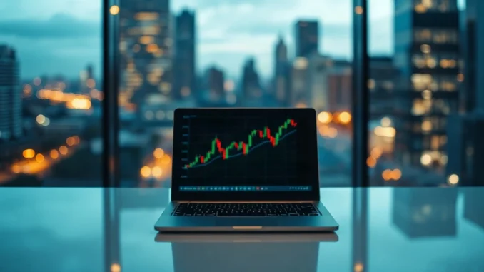 Empty office desk with a laptop showing a blurred financial chart at dusk