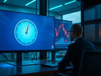 Monitor showing a mid-scale dial gauge and falling candlestick chart on a dim trading desk