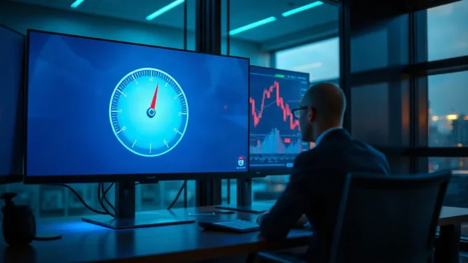 Monitor showing a mid-scale dial gauge and falling candlestick chart on a dim trading desk