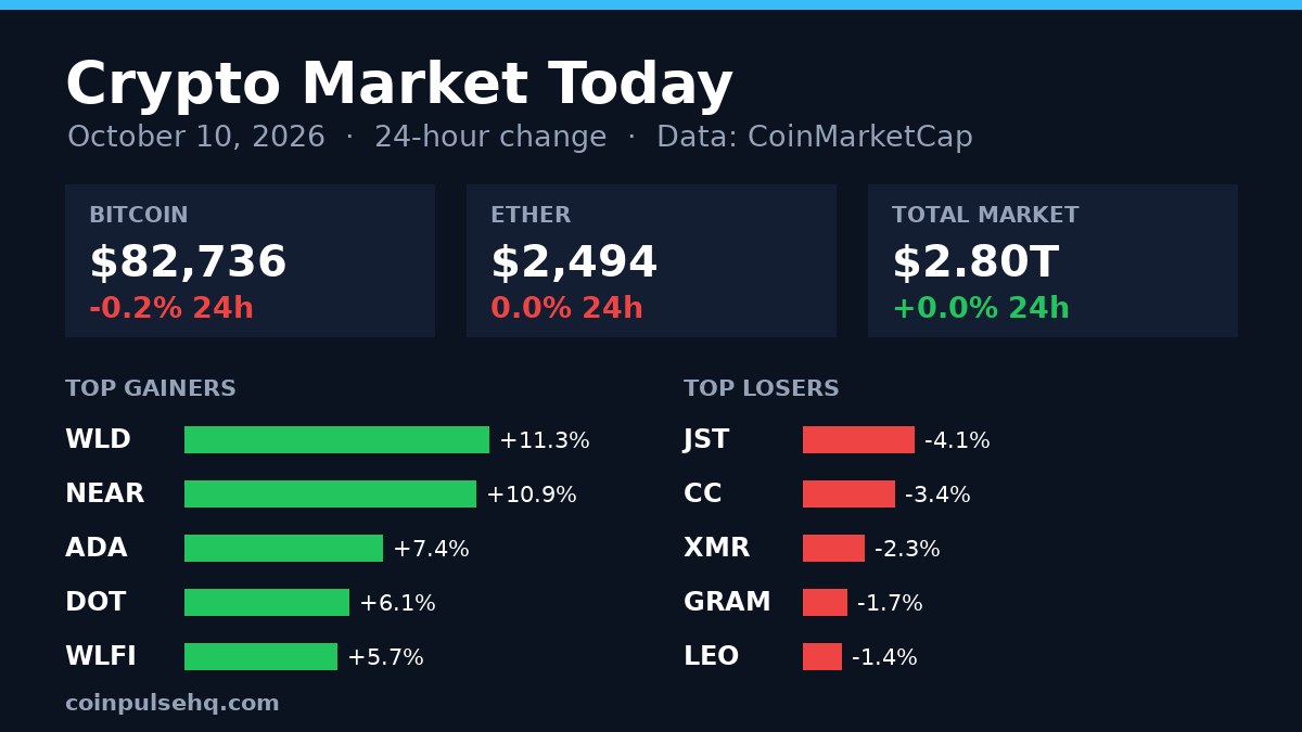 Chart card: crypto market 24-hour change on October 10, 2026 with Bitcoin, Ether, total market value and top movers