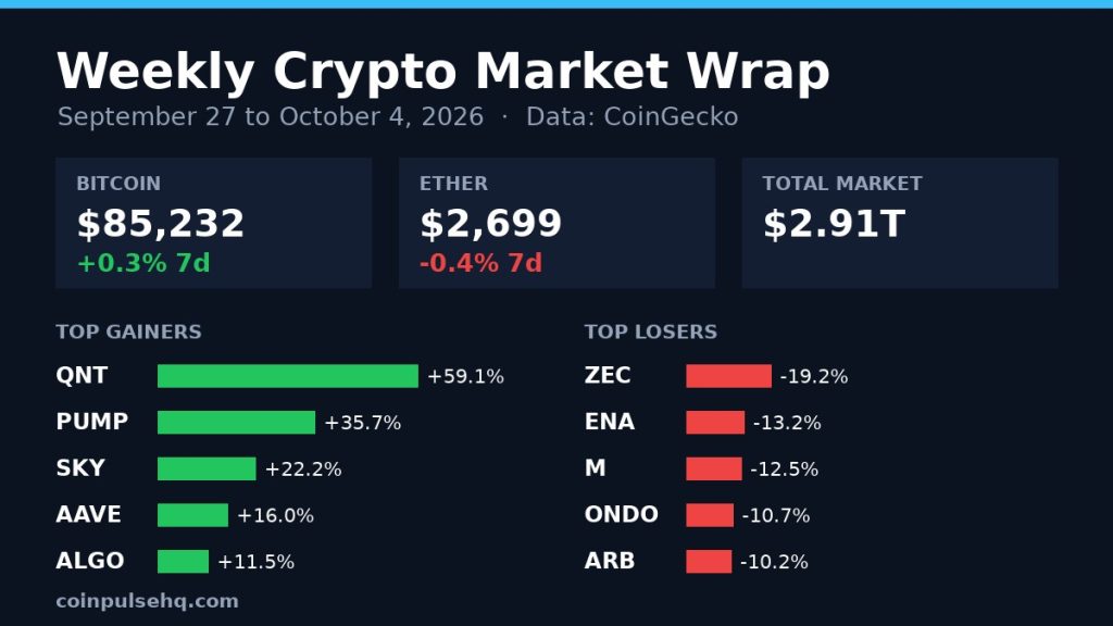 Chart card: weekly crypto market wrap for September 27 to October 4, 2026 with Bitcoin, Ether and top movers