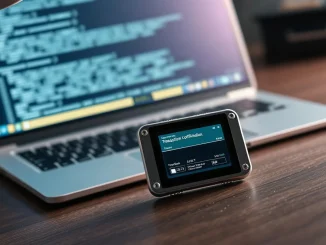 Hardware crypto wallet displaying a transaction confirmation screen beside a laptop showing code